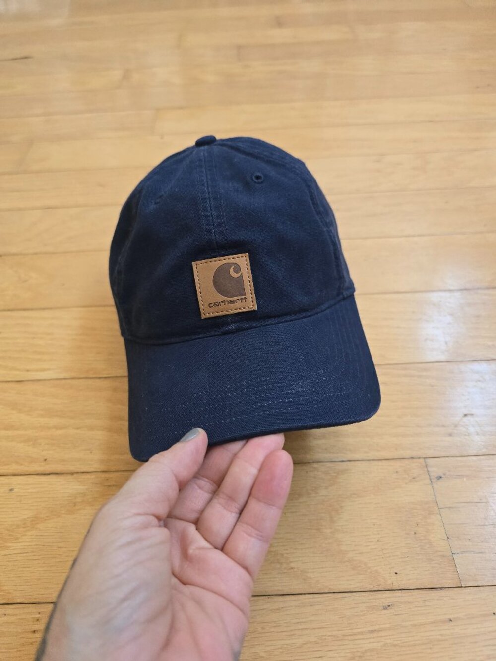 Carhartt | Gorpcore Navy Blue Canvas Leather Patch Hook Loop Strapback Hat